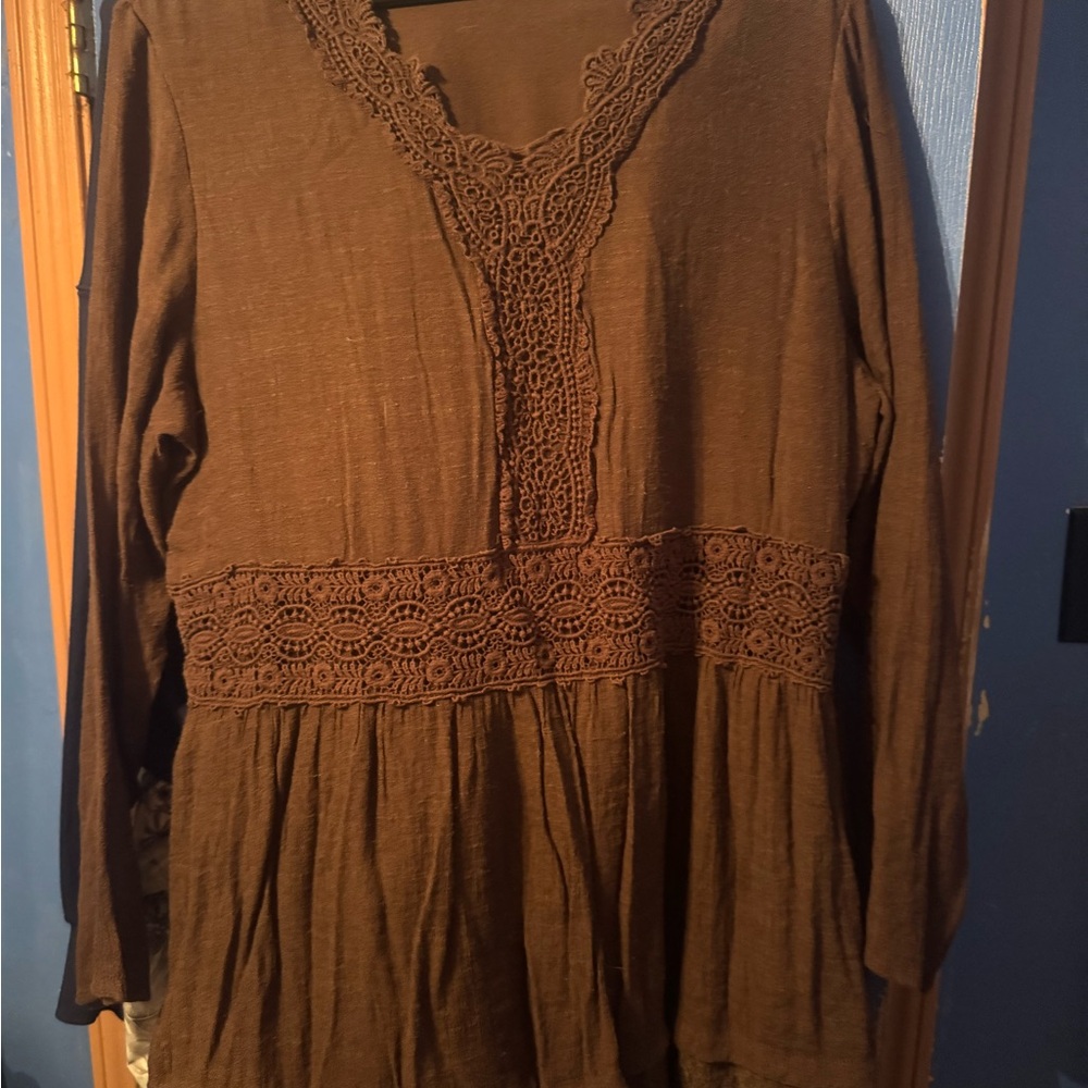 Elegant Brown Lace Trim Women's Top